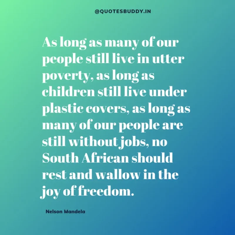 "As long as many of our people still live in utter poverty, as long as children still live under plastic covers, as long as many of our people are still without jobs, no South African should rest and wallow in the joy of freedom.”-Nelson Mandela